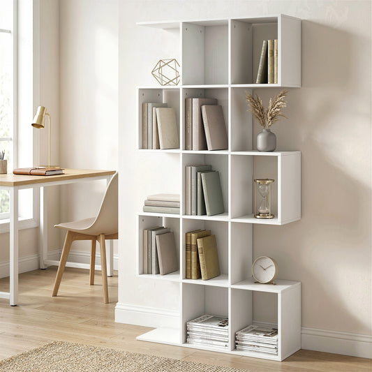 5-Tier S-Shaped Bookcase | 15 Compartments | White Wood Effect