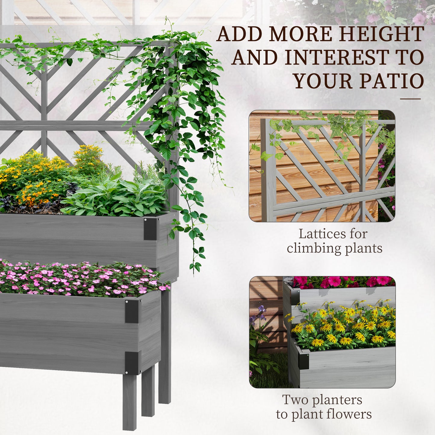 2-Tier Elevated Wooden Raised Garden Bed with Trellis | 2 Planter Boxes | Non-Woven Liner | Drainage Holes | Metal Corner Brackets | 40kg | 108x62.5x140cm | Veg Flowers & Herbs | Grey