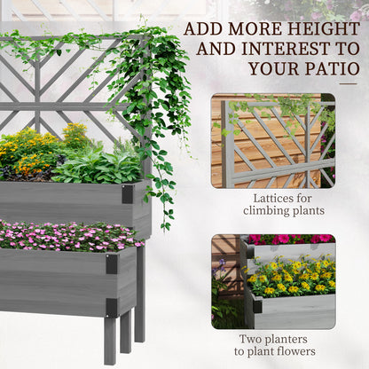 2-Tier Elevated Wooden Raised Garden Bed with Trellis | 2 Planter Boxes | Non-Woven Liner | Drainage Holes | Metal Corner Brackets | 40kg | 108x62.5x140cm | Veg Flowers & Herbs | Grey