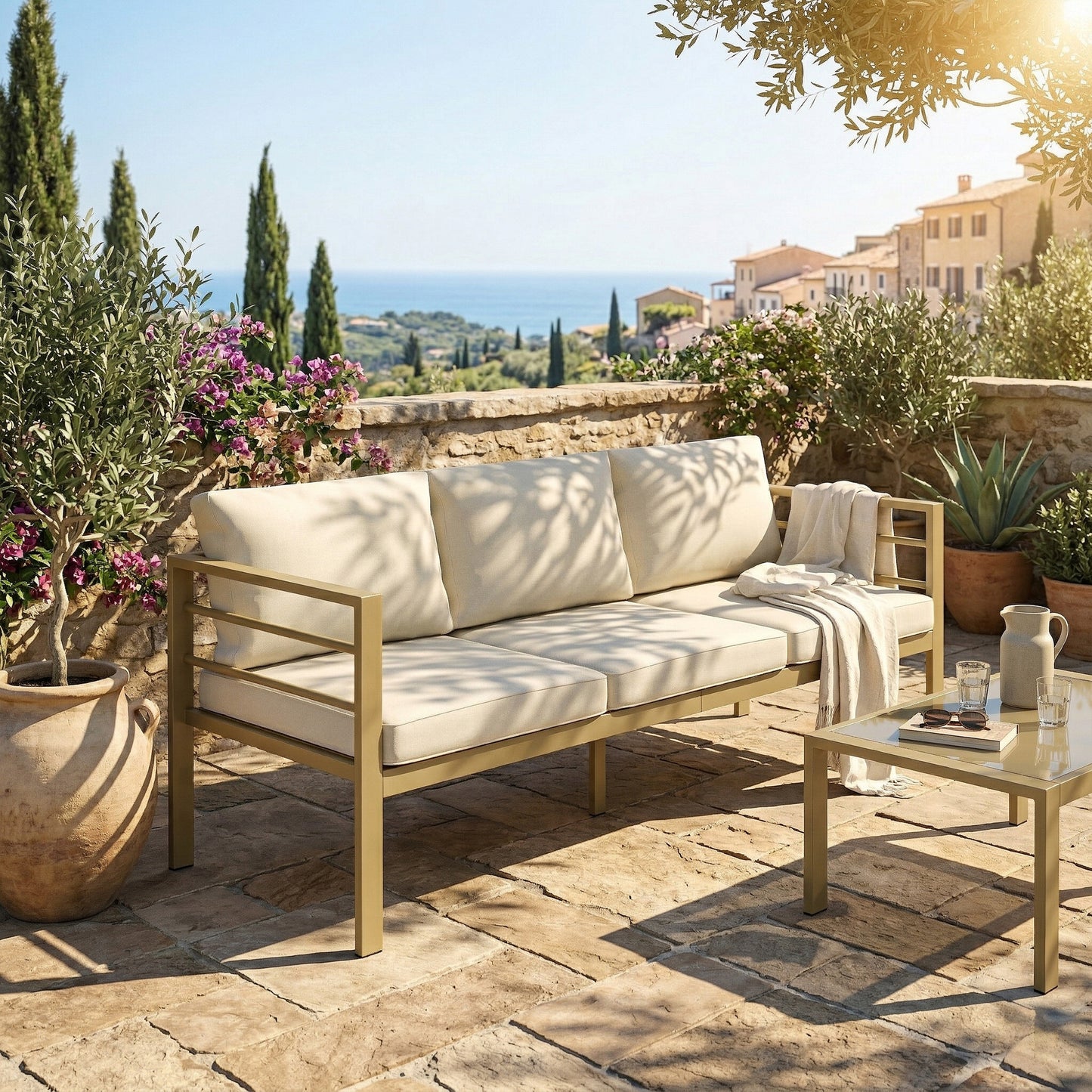3-Seater Garden Bench Sofa | Thick Cushions | Aluminium Frame | Cream White | 185cm