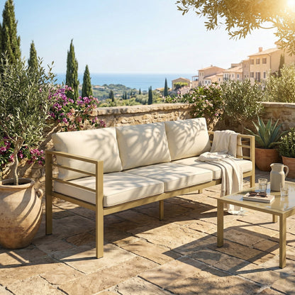 3-Seater Garden Bench Sofa | Thick Cushions | Aluminium Frame | Cream White | 185cm