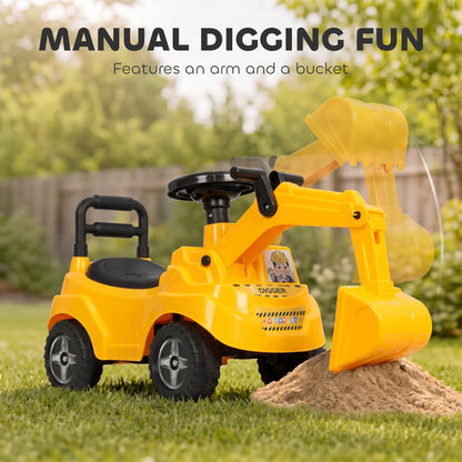 Kids Ride On Excavator Digger Toy | 33cm Manual Digger Arm & Separate Bucket | Forward Backward & Turning | Horn Steering Wheel & Air Horn | Under-Seat Storage | PP Body | 15kg Max | 77x26.5x39cm | Ages 1–3 | Yellow
