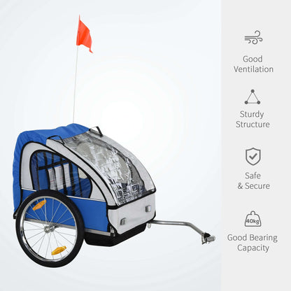 2 Seat Bike Trailer Bicycle wagon for Kids Child Steel Frame Safety Harness Seat Carrier Blue White 130 x 76 x 88 cm