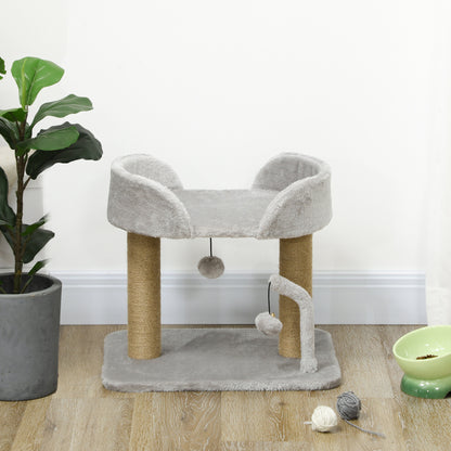 PawHut Designer Cat Tree Scratching Post | Light Grey | 48x38x42cm | 2 Jute Posts | 2 Hanging Pom-Pom Toys | 220g/m² Plush | Observation Platform | E1 Particleboard | Cats Under 5kg