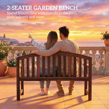 2-Seater Fir Wood Garden Bench | Curved Back | Smooth Armrests | Slatted Seat & Back | Protective Varnish | 240kg Capacity | 143x51x85cm | Carbonised Finish