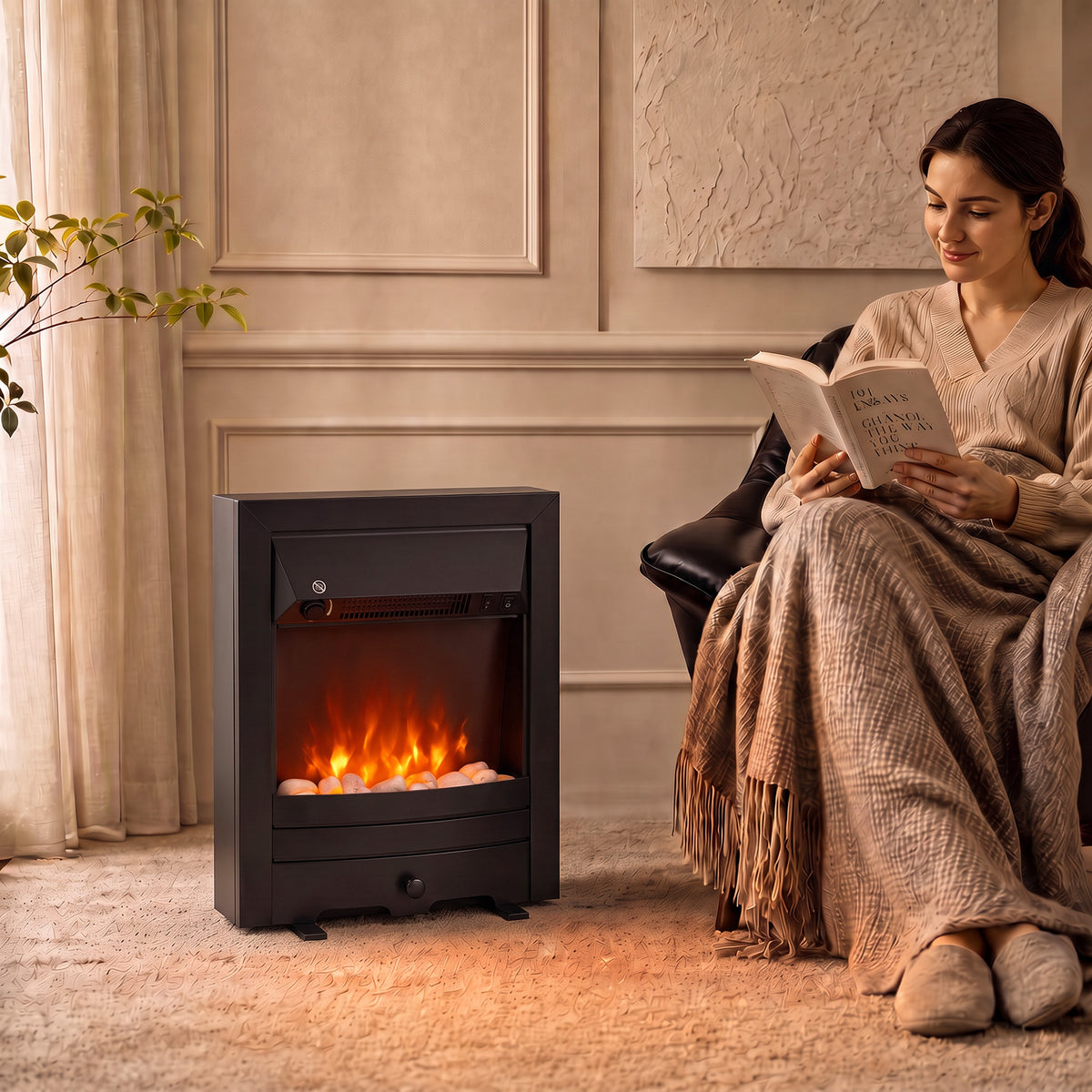 Electric Fireplace | 1000W/2000W Freestanding & Inset Fire | LED Flame & White Pebbles | Adjustable Thermostat | Black or Gold
