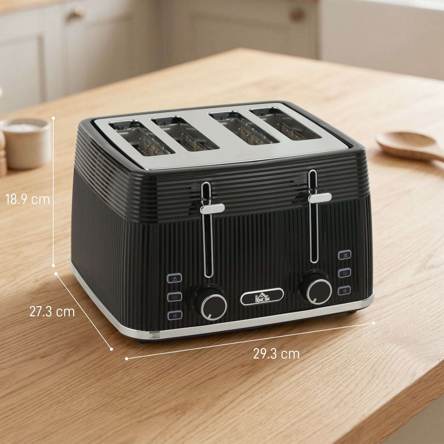 4-Slice Toaster | Dual Independent Controls | 7 Browning Settings | Defrost Reheat Cancel | Auto-Centering Guides | 2 Removable Crumb Trays | 1560-1860W | 29.3x27.3x18.9cm | Black