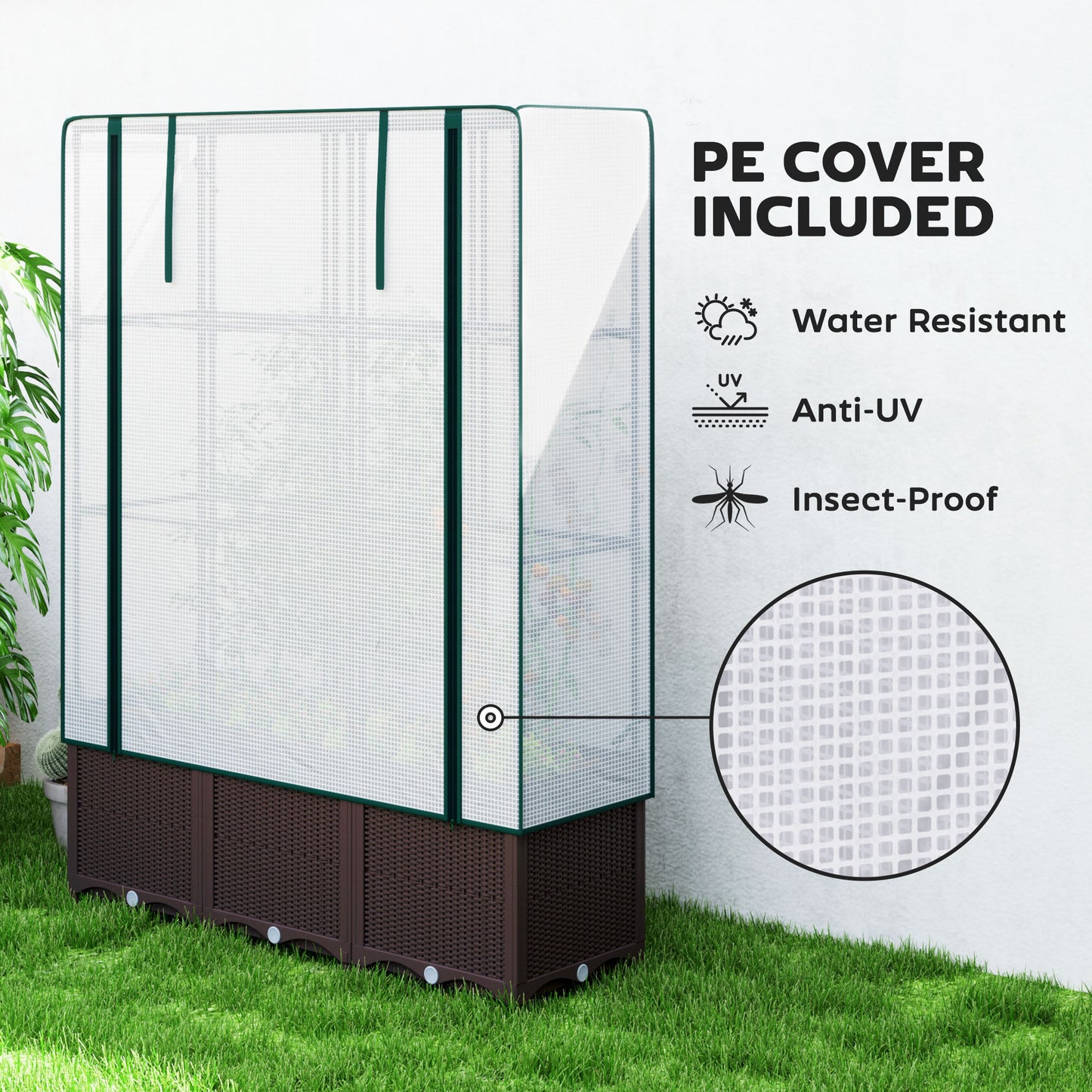 PP Raised Garden Bed with Trellis & PE Greenhouse Cover | Zipped Roll-Up Door | Drainage Holes & Plugs | 75kg | 120x40x140cm | Climbing Plants Veg & Flowers | Brown