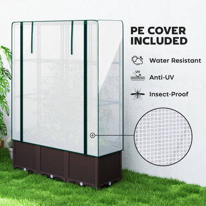 PP Raised Garden Bed with Trellis & PE Greenhouse Cover | Zipped Roll-Up Door | Drainage Holes & Plugs | 75kg | 120x40x140cm | Climbing Plants Veg & Flowers | Brown