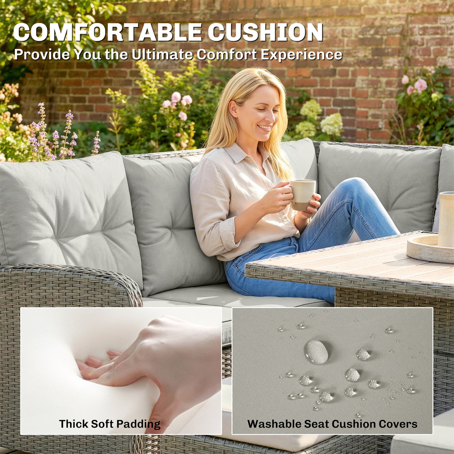 6-Piece PE Rattan Corner Garden Sofa Set | 2 Loveseats | Corner Sofa | 2 Footstools | Liftable Coffee Table | Washable Cushions | 120kg | Cream