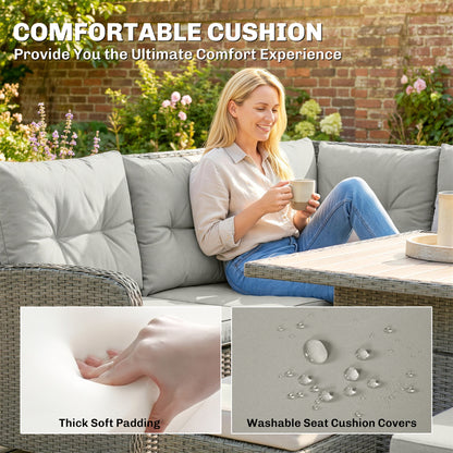 6-Piece PE Rattan Corner Garden Sofa Set | 2 Loveseats | Corner Sofa | 2 Footstools | Liftable Coffee Table | Washable Cushions | 120kg | Cream