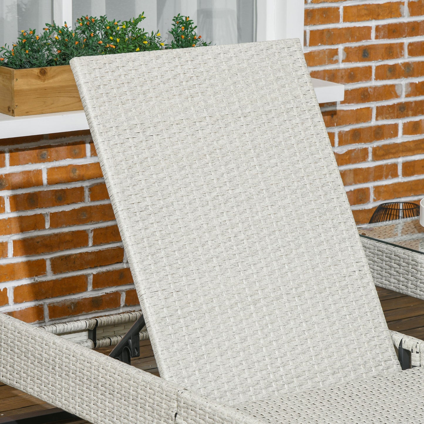 3-piece PE Rattan Patio Sun Lounger Set with Adjustable 5-Position Recline With Cushions, Headrests, Glass Top Square Coffee Table, Light Grey