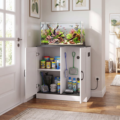 20-29 Gallon Aquarium Stand | White & Black Fish Tank Cabinet | Storage | UK Power Hub | USB & Type-C Charging