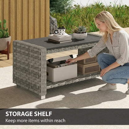 2-Tier Rattan Garden Coffee Table | PS Waterproof Top | Storage Shelf | 50kg | Foot Pads | Grey