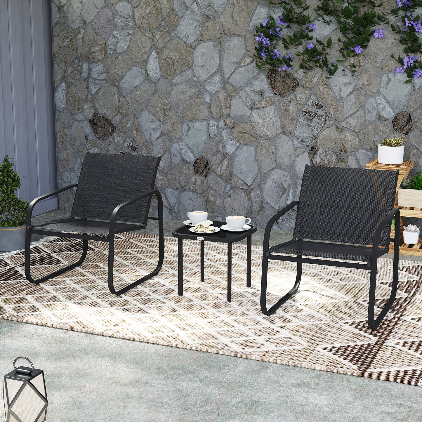 Outsunny Three-Piece Garden Seating Chairs & Table Set - Black