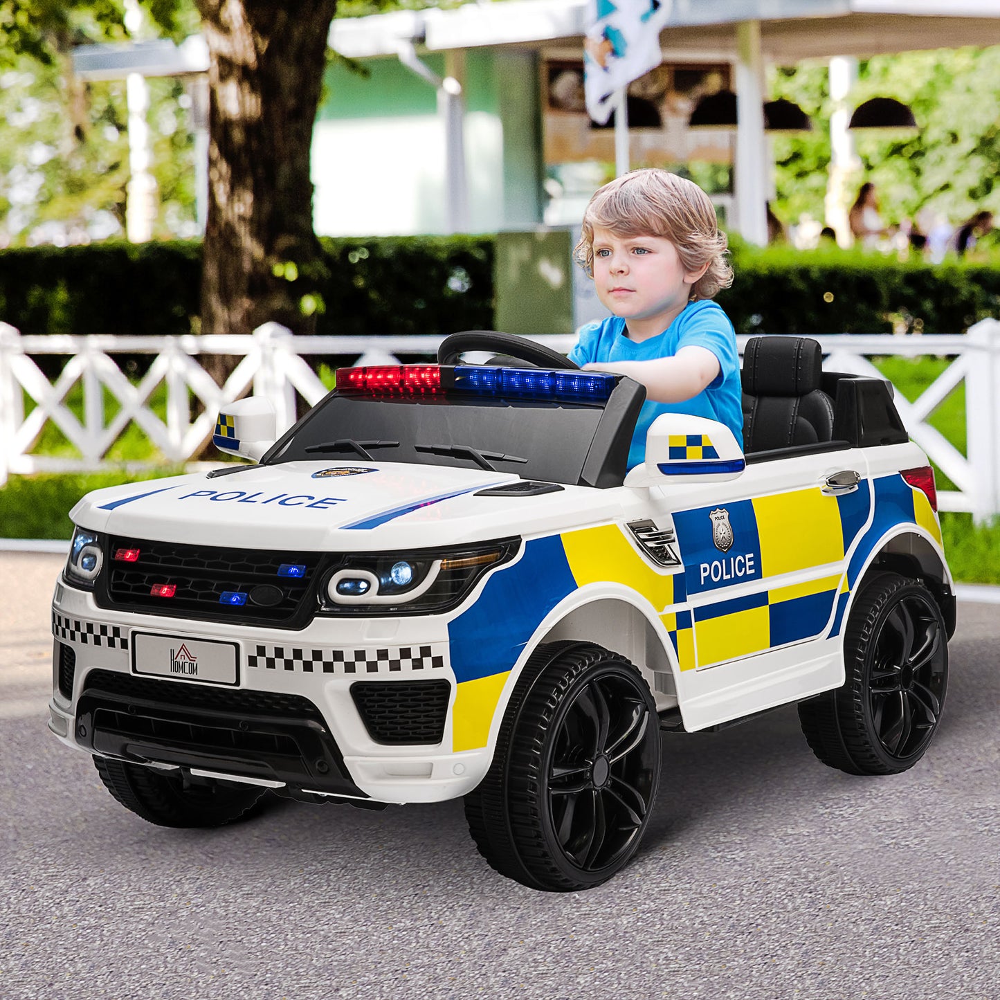 Kids Portable Electric Ride On Police Car With Parental Remote Control Siren Flashing Lights USB Bluetooth For 3-6 Years White 12v