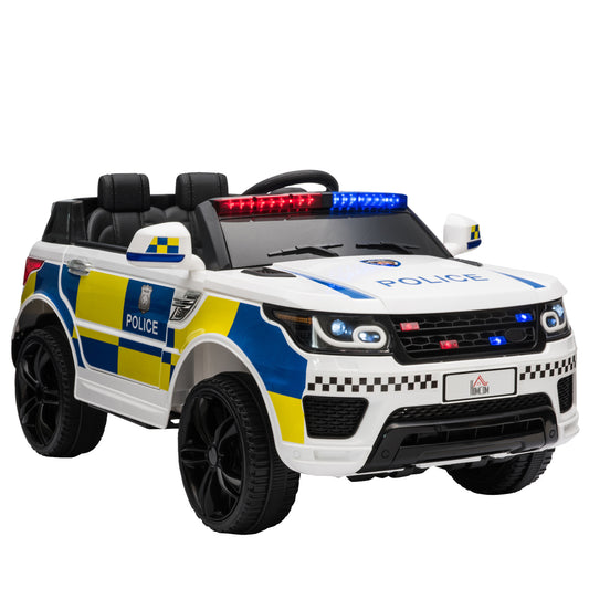 Kids Portable Electric Ride On Police Car With Parental Remote Control Siren Flashing Lights USB Bluetooth For 3-6 Years White 12v