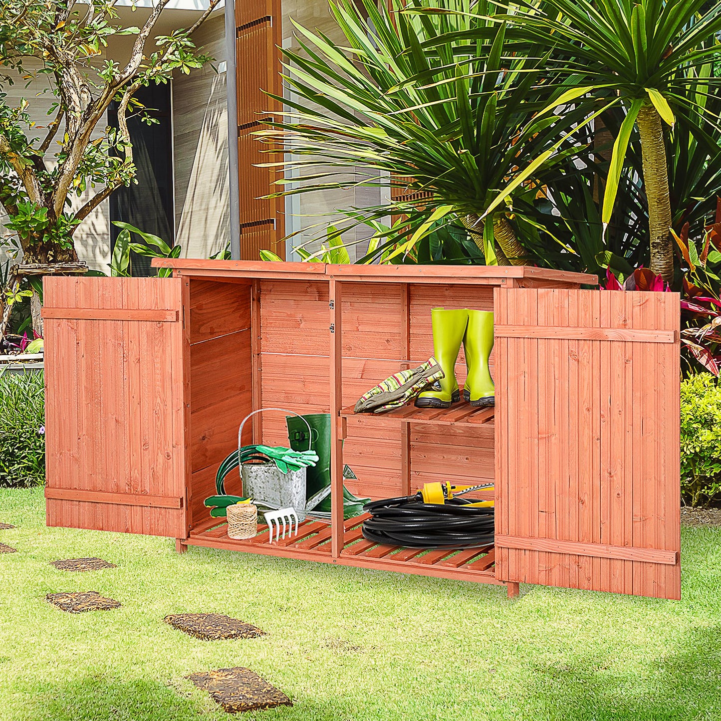 Fir Wood Wooden Garden Storage Shed Double Door 128 X 50 X 90cm - Outsunny