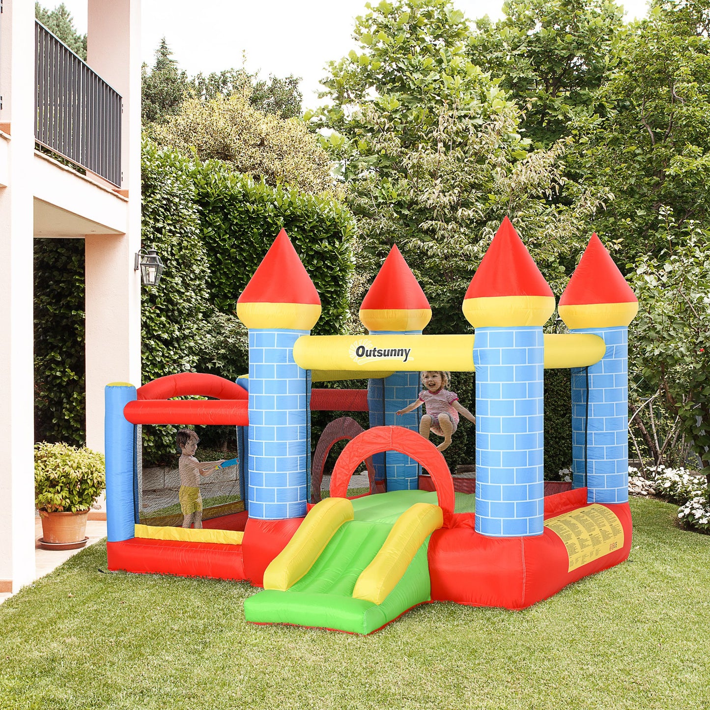 Kids Bouncy Bounce Castle House Inflatable Trampoline Slide Water Pool Basket 4 In 1 With Inflator For Kids Age 3-10 Castle Design 3 X 2.75 X 2.1M