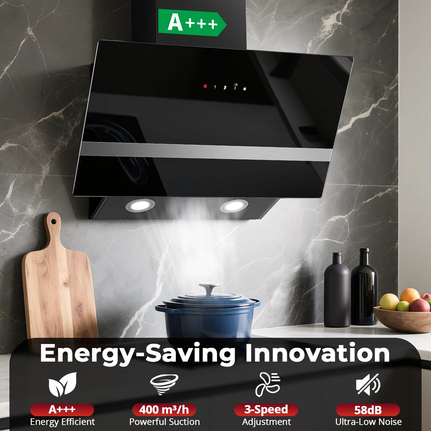 SNDOAS 60Cm Angled Cooker Hood, 400 M³/H, A+++, Touch Control, Dual Mode, Black Glass