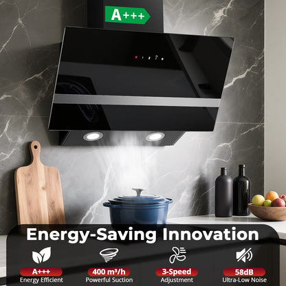 SNDOAS 60Cm Angled Cooker Hood, 400 M³/H, A+++, Touch Control, Dual Mode, Black Glass