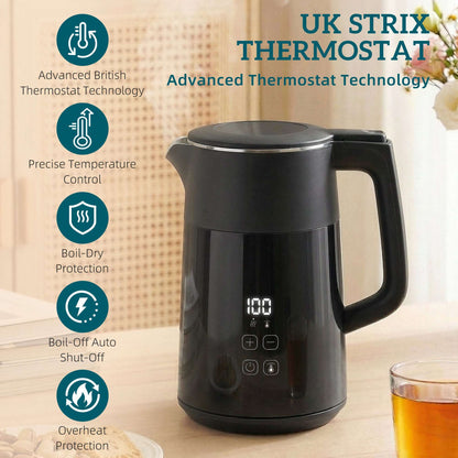 1.7L Electric Kettle | 3000W | 7 Temperature Settings 40-100°C | 2hr Keep-Warm | 304 Stainless Steel PTFE-Free | Boil-Dry Protection | Auto Shut-Off | 360° Swivel Base | Black