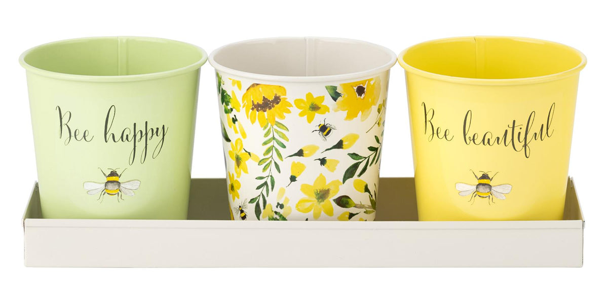 Maison & White Bee-Beautiful Plant Pots & Tray | Set of 3 Painted Steel Herb Pots | Green, Yellow & Floral Bee Design