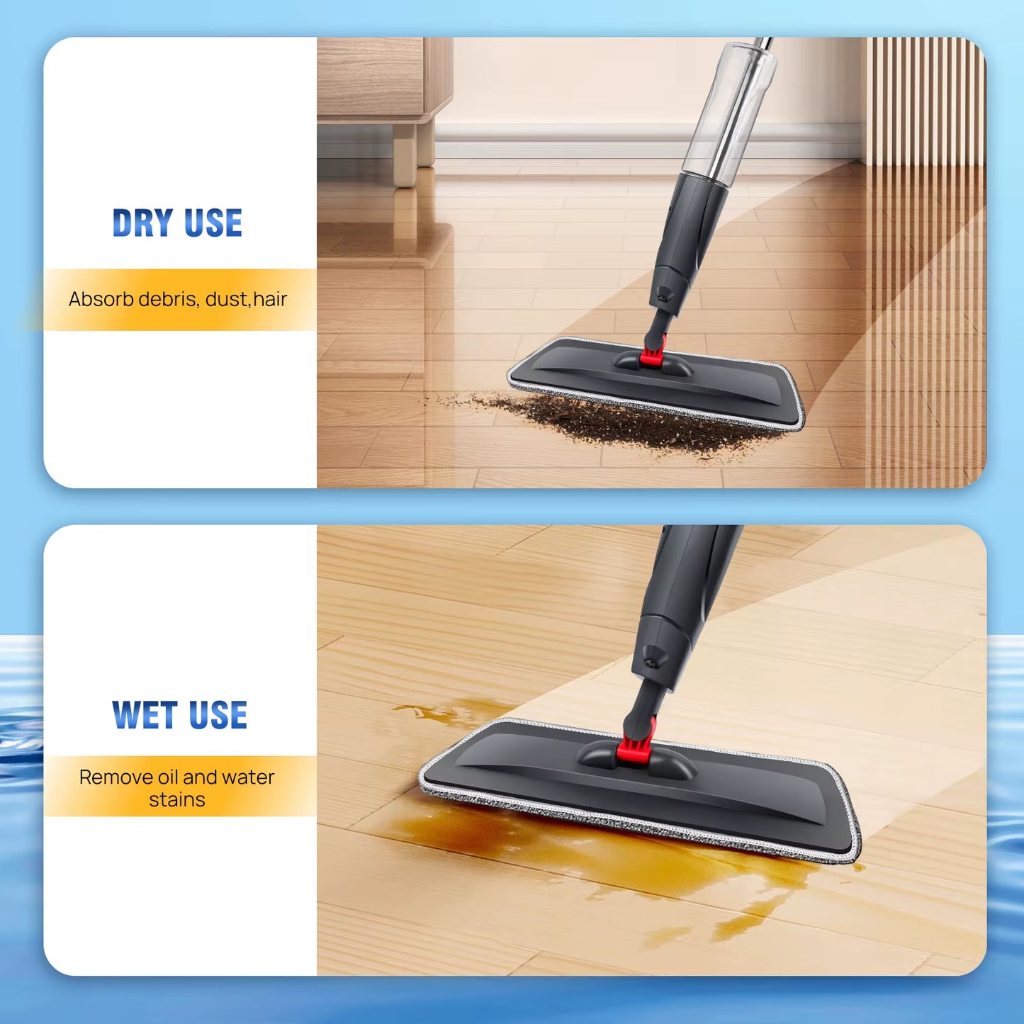 Wet and Dry Spray Mop Floor Wiper with Spray Function with 3 Wiper Pads and Window Scraper, 360° Rotating Mop 700Ml