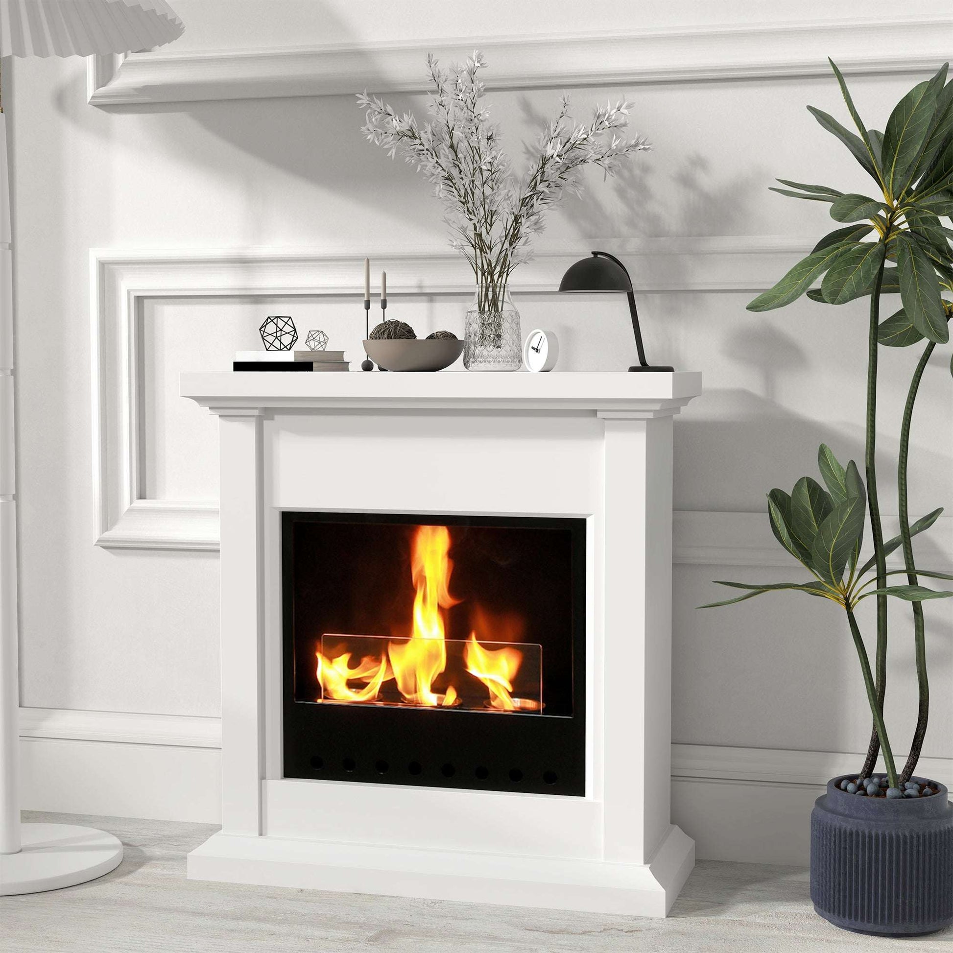 Gel and Ethanol Fireplace Stove, Modern Bioethanol Fire, Indoor Ethanol Burner with 1.2 Litres (39oz) Volume, Burns for Up to 3 Hours, 26 Inch, White