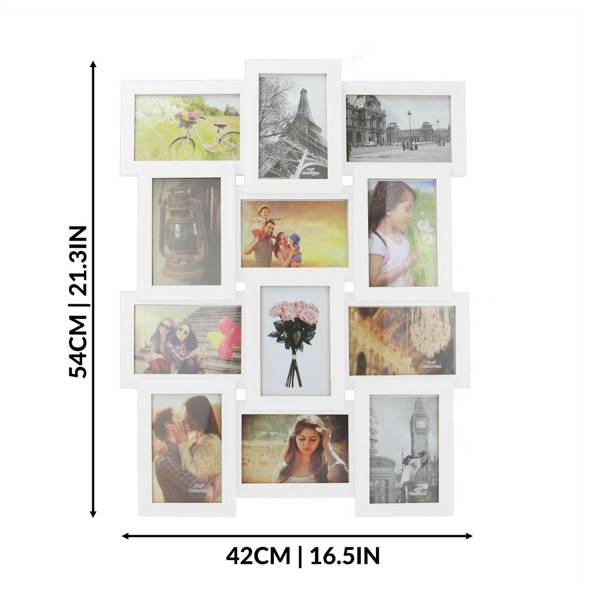 Maison & White 12 Photo Collage Frame | White | 54x42cm | 12 x 6-Inch Photos | 6 Landscape & 6 Portrait | Glass-Fronted | Wall-Mountable | MDF | 2-Year Warranty