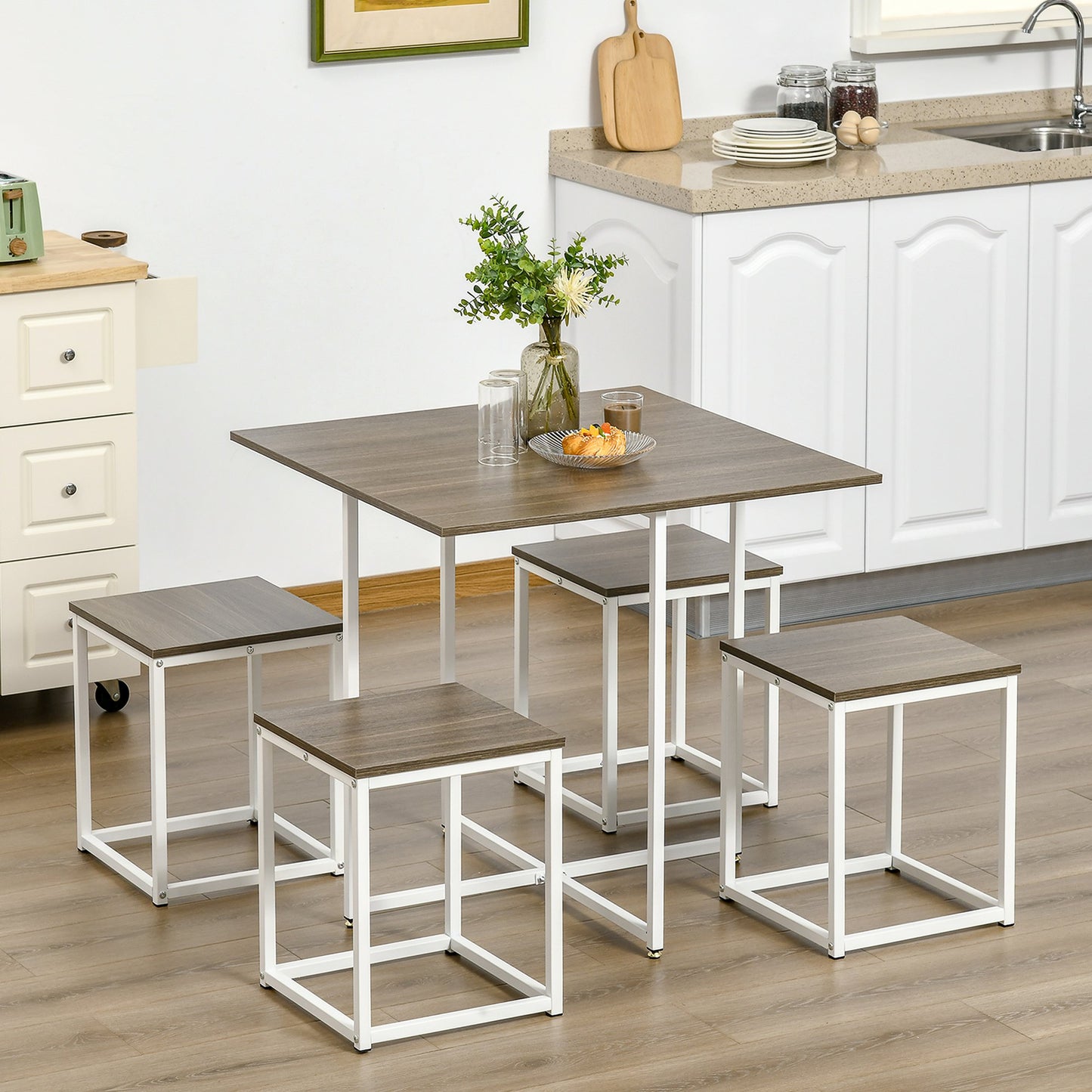 Modern 5-Piece Dining Table Set Metal Frame Square Kitchen Table With 4 Chairs for Dining Room, Walnut