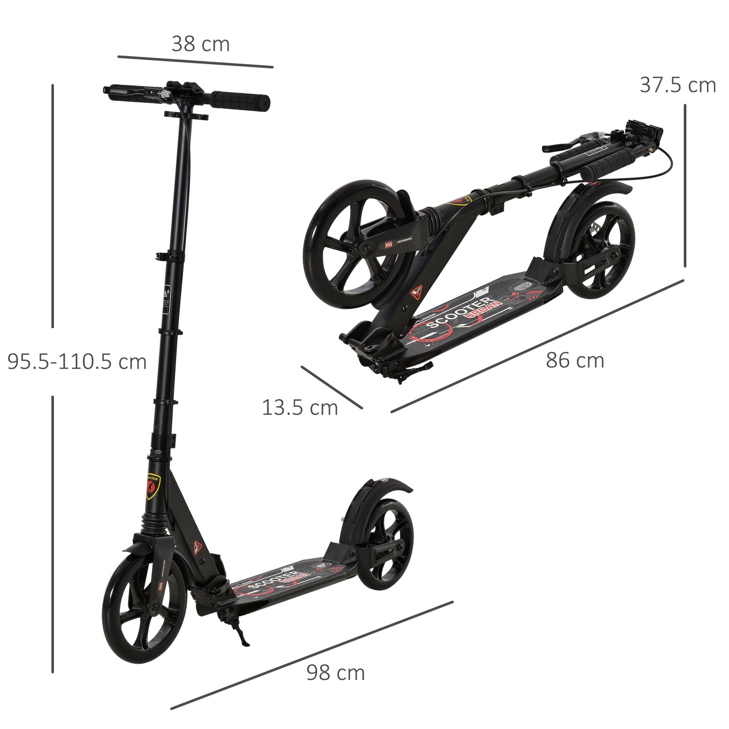 HOMCOM Teens Adult Kick Scooter Foldable Adjustable Aluminum Ride On Toy For 14+ w-Dual Brake System Shock Mitigation System-Black 95.5-110.5H CM