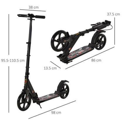 HOMCOM Teens Adult Kick Scooter Foldable Adjustable Aluminum Ride On Toy For 14+ w-Dual Brake System Shock Mitigation System-Black 95.5-110.5H CM