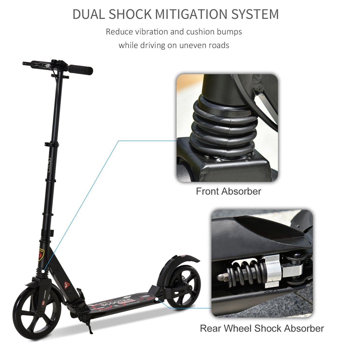 HOMCOM Teens Adult Kick Scooter Foldable Adjustable Aluminum Ride On Toy For 14+ w-Dual Brake System Shock Mitigation System-Black 95.5-110.5H CM