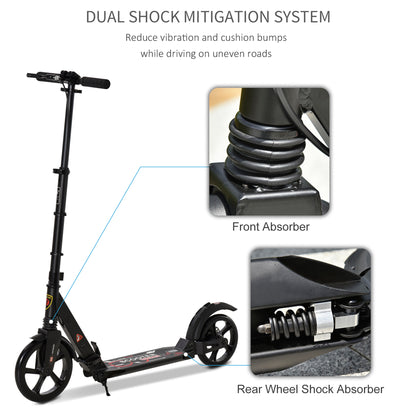 HOMCOM Teens Adult Kick Scooter Foldable Adjustable Aluminum Ride On Toy For 14+ w-Dual Brake System Shock Mitigation System-Black 95.5-110.5H CM
