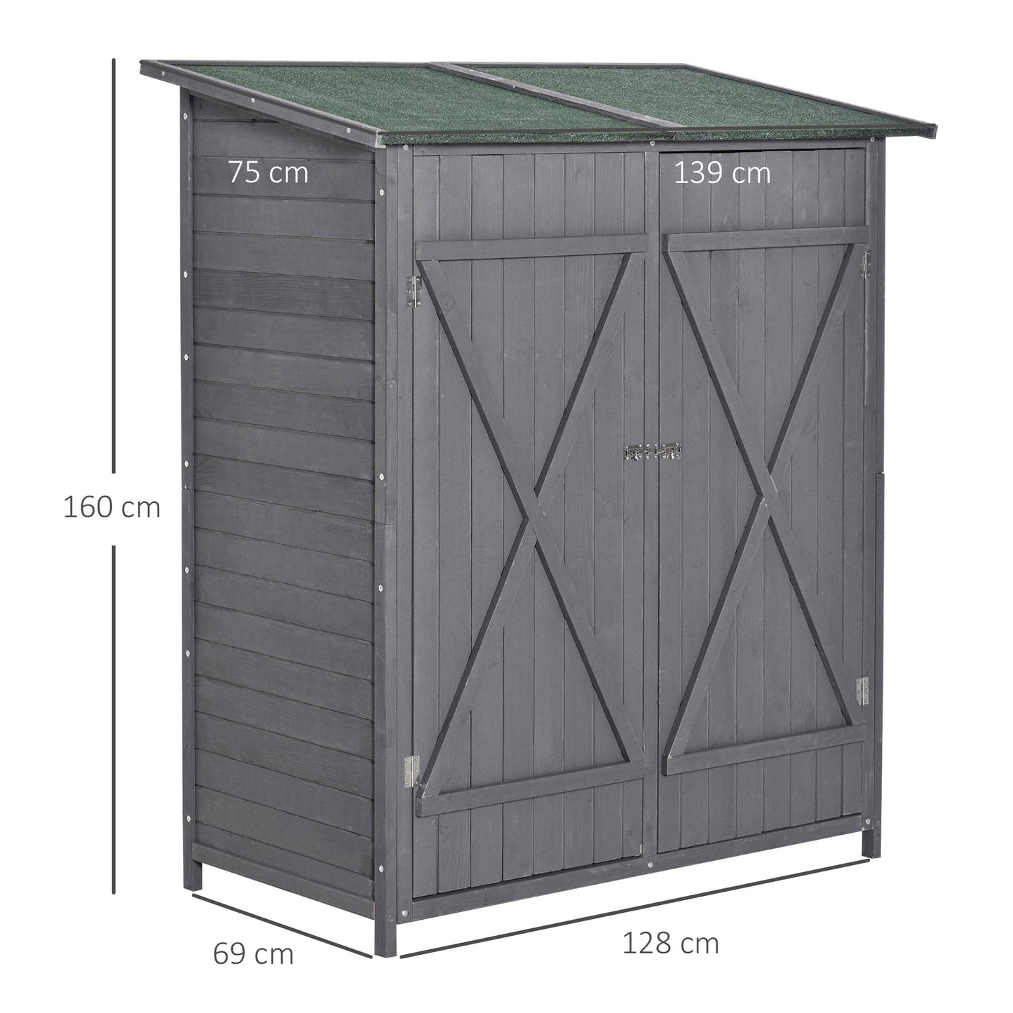 Wooden Garden Storage Shed Lockable Tool Cabinet Organizer W/ Storage Table, Double Door, 139 X 75 X 160 Cm, Grey