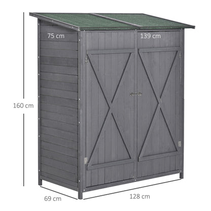 Wooden Garden Storage Shed Lockable Tool Cabinet Organizer W/ Storage Table, Double Door, 139 X 75 X 160 Cm, Grey
