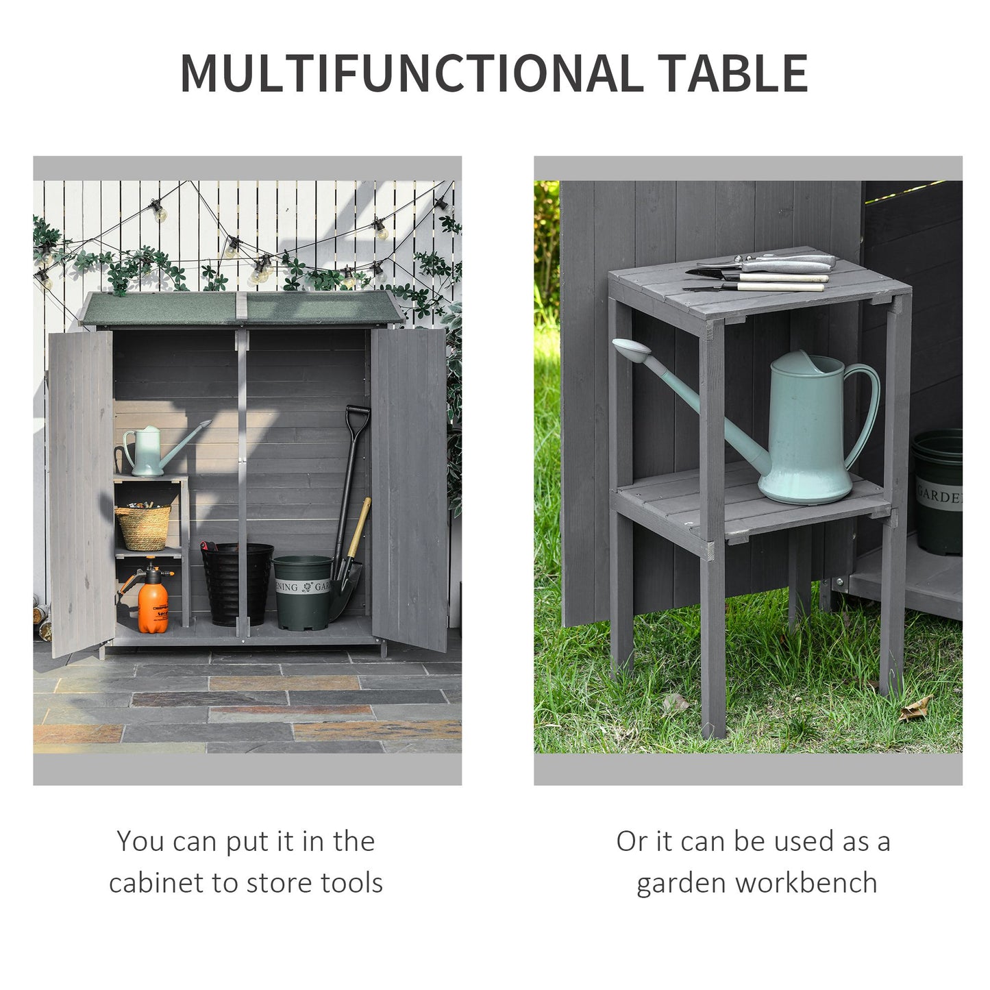 Wooden Garden Storage Shed Lockable Tool Cabinet Organizer W/ Storage Table, Double Door, 139 X 75 X 160 Cm, Grey