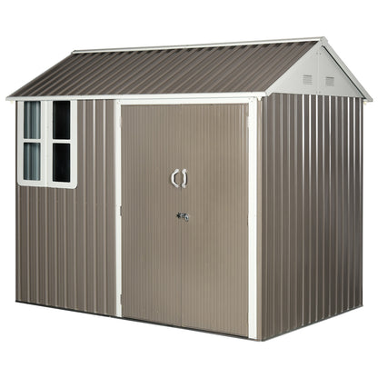 Outsunny 8 X 6 Ft Corrugated Metal Garden Storage Shed W/ Double Door Window Sloped Roof Outdoor Equipment Tool Storage Garden Grey