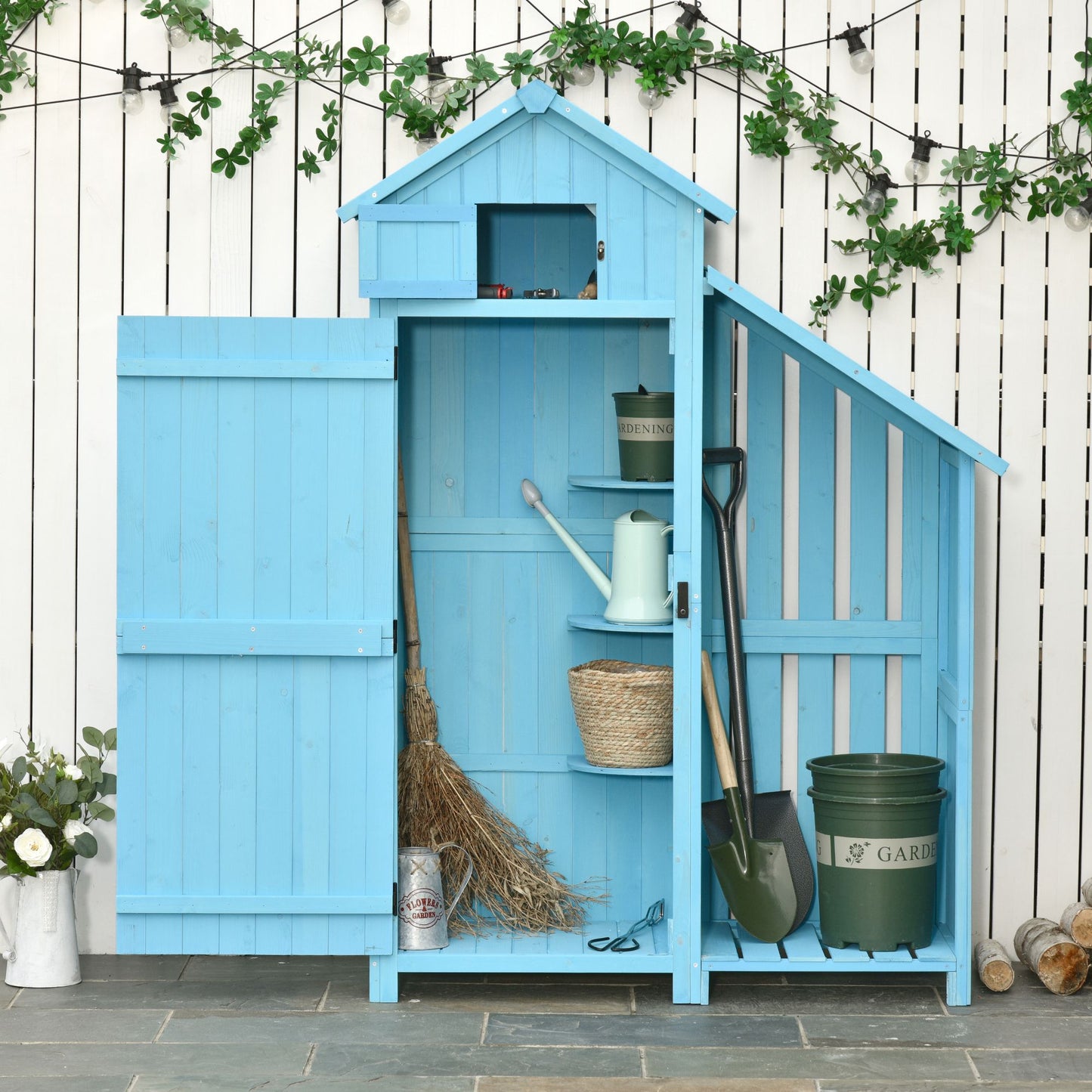 Garden Shed Wooden Firewood House Storage Cabinet Waterproof Asphalt Roof Tool Organizer With Lockable Door, 180 X 130 X 55 Cm