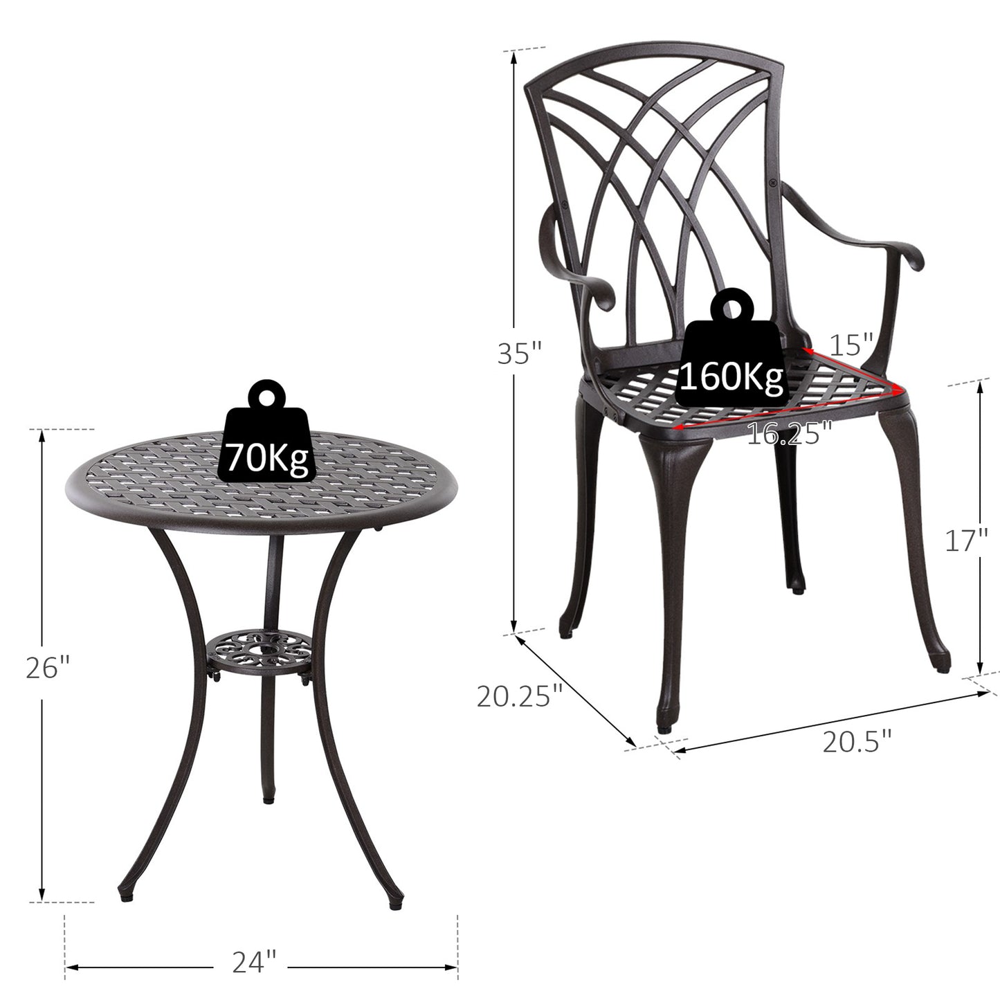 Outsunny 3 Pieces Patio Furniture Set, Outdoor Garden Conversation Set with Coffee Table, 2 Chairs and Umbrella Hole, Brown