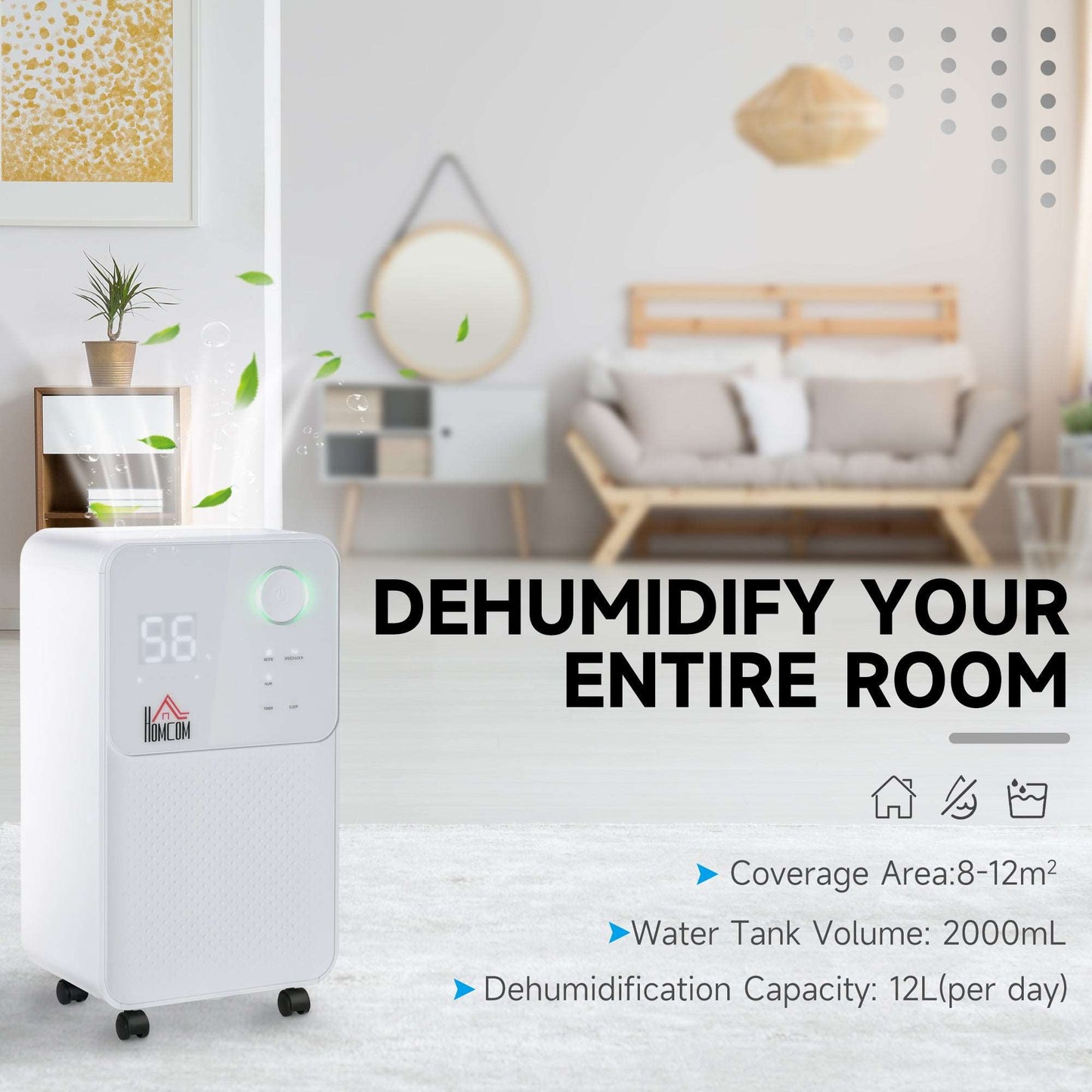 12L/Day 2000ML Portable Quiet Dehumidifier for Home Laundry Room Bedroom Basement, Electric Moisture Air De-Humidifier with 4 Modes
