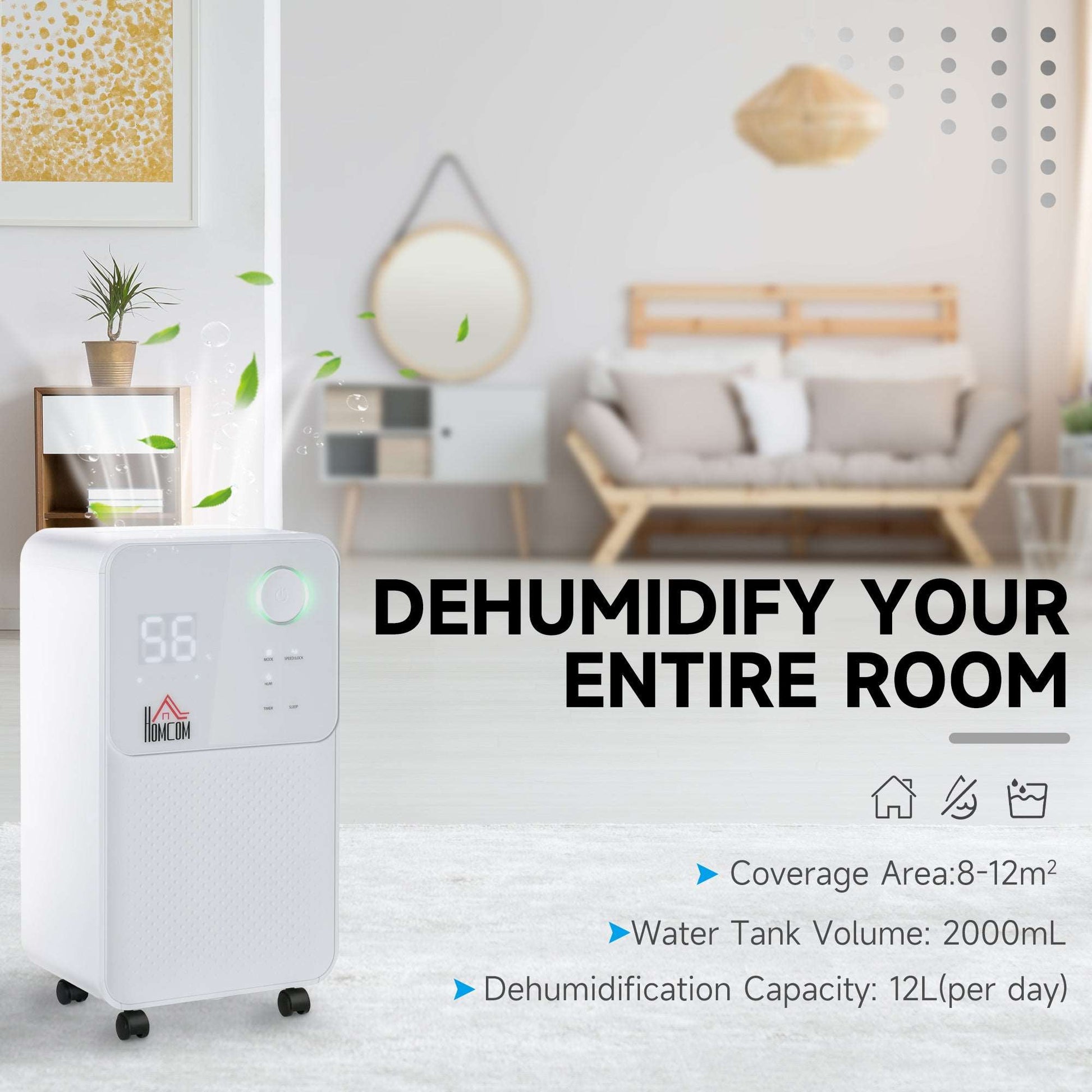 12L/Day 2000ML Portable Quiet Dehumidifier for Home Laundry Room Bedroom Basement, Electric Moisture Air De-Humidifier with 4 Modes