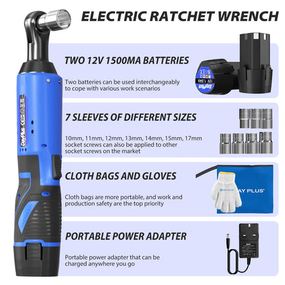 Dayplus 12V Right Angle Ratchet Wrench 3/8" Cordless Electric Screwdriver Removal Screw Nut Car Repair Lithium With 2 Batteries
