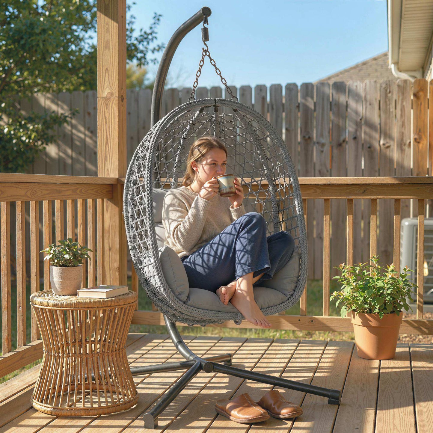 Hanging Egg Chair | Handwoven Rattan | Foldable Basket | 15cm Cushion & Headrest | Dark Grey