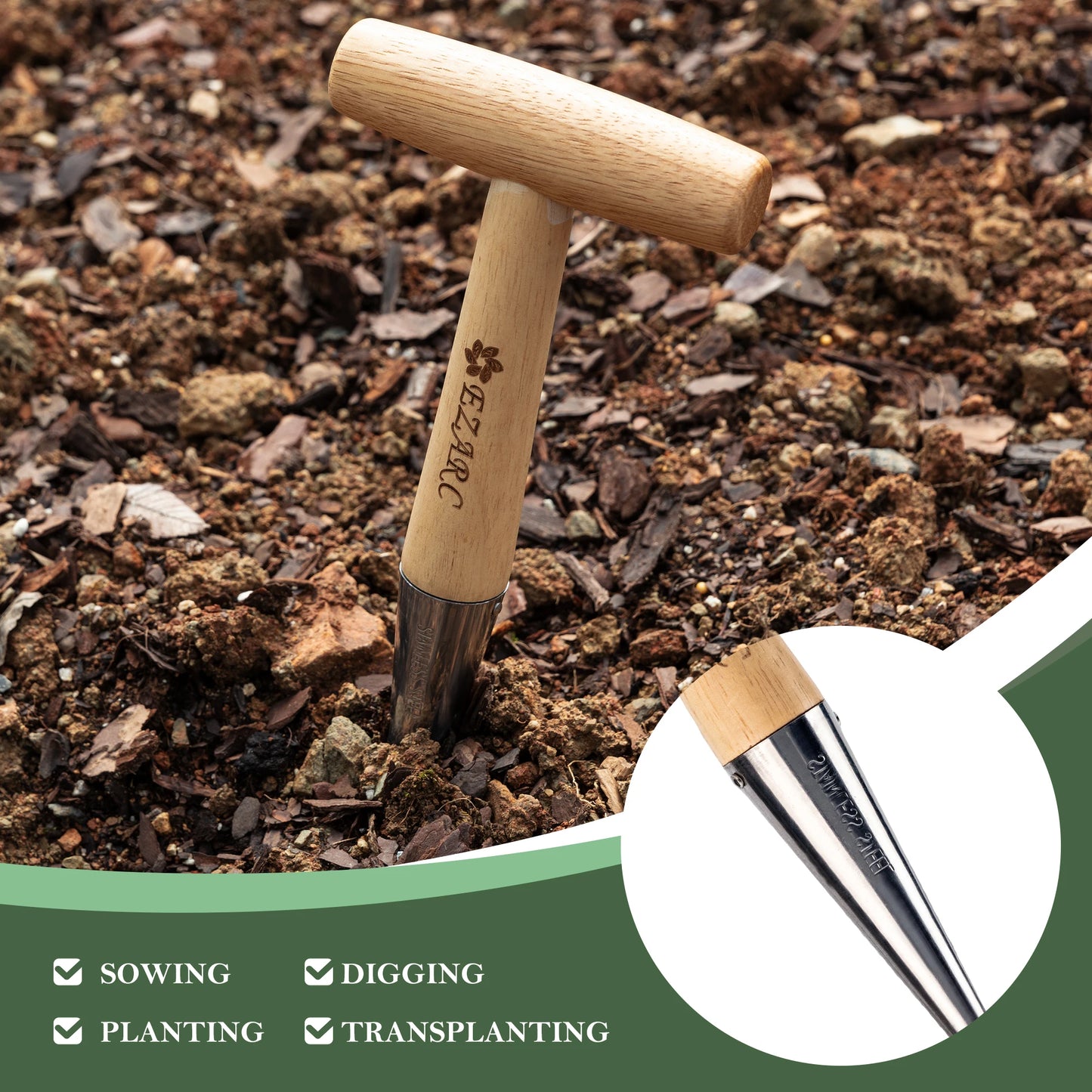 EZARC Garden Hole Punch Dibber for Planting Seeds 10.5-Inch Stainless Steel Hand Sow Dibber with Wooden Handle