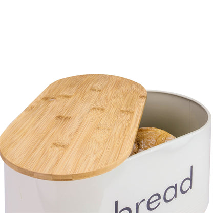 Maison & White Bread Bin with Bamboo Chopping Board Lid | Painted Cold Rolled Iron | Keeps Bread Fresh | Vintage Retro Style | Dual-Use Bamboo Lid | Easy Wipe Clean | 34x18x19cm | 2-Year Guarantee