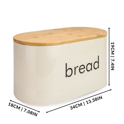Maison & White Bread Bin with Bamboo Chopping Board Lid | Painted Cold Rolled Iron | Keeps Bread Fresh | Vintage Retro Style | Dual-Use Bamboo Lid | Easy Wipe Clean | 34x18x19cm | 2-Year Guarantee