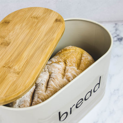 Maison & White Bread Bin with Bamboo Chopping Board Lid | Painted Cold Rolled Iron | Keeps Bread Fresh | Vintage Retro Style | Dual-Use Bamboo Lid | Easy Wipe Clean | 34x18x19cm | 2-Year Guarantee