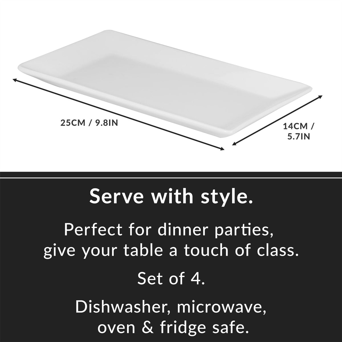 Maison & White Porcelain Serving Platters | Set of 4 White Rectangular Plates | 25cm | Buffet, Starter & Dessert Serveware | Dishwasher & Microwave Safe